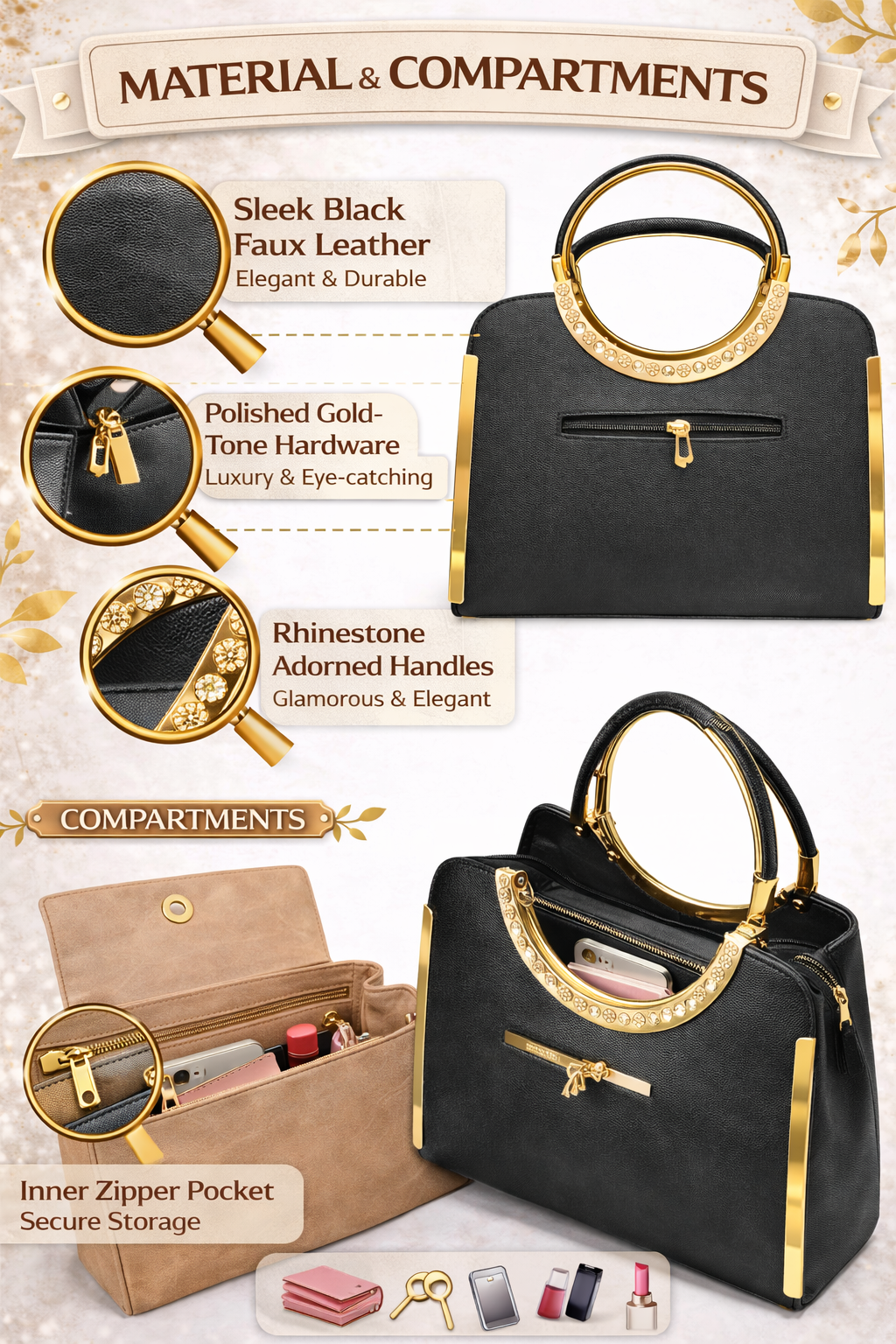 Harmal Store Women’s Luxury Faux Leather Handbag with Rhinestone Handle | Black Designer Top Handle Purse with Gold-Tone Hardware |
