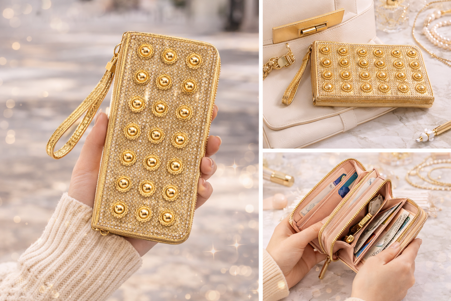 Women's Gold Zip Around Wallet with Rhinestone Studs, Wrist Strap and Multiple Compartments