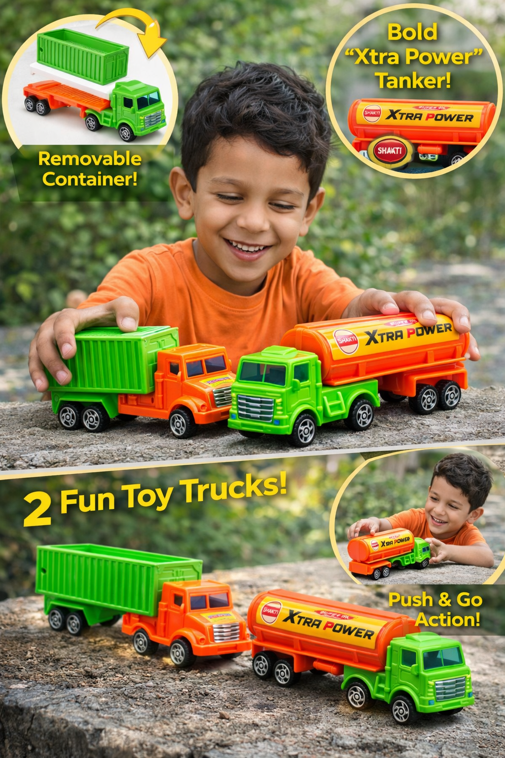 Heavy Duty Toy Truck Set (Pack of 2) – 1:48 Scale Container Truck & Xtra Power Oil Tanker – 5.5 Inch Durable Plastic Construction Vehicles with Vibrant Colors – Fun Play Set for Kids & Toddlers