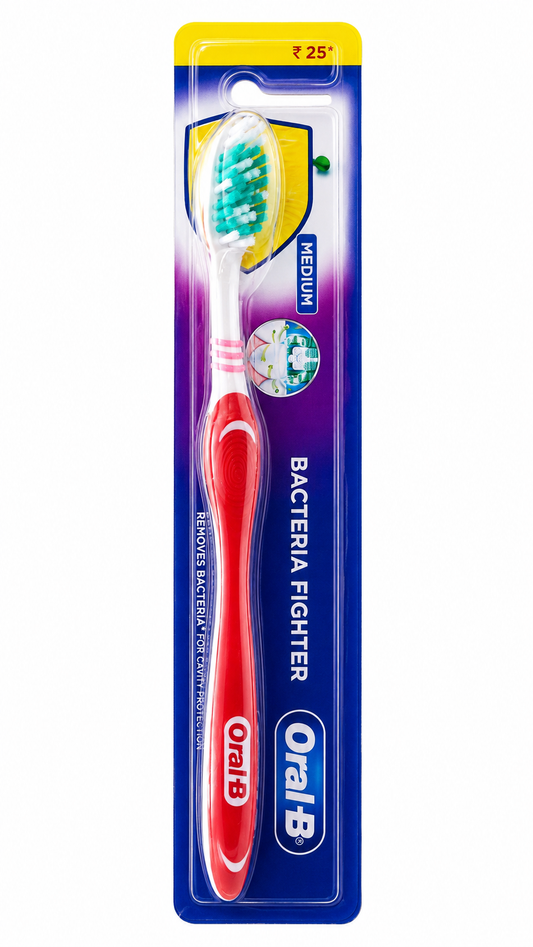 Oral-B Bacteria Fighter Medium Toothbrush, Cup-Shaped Bristles for Deep Cleaning, Tongue Cleaner, Comfort Grip Handle, Daily Tooth, Tongue & Gum Care
