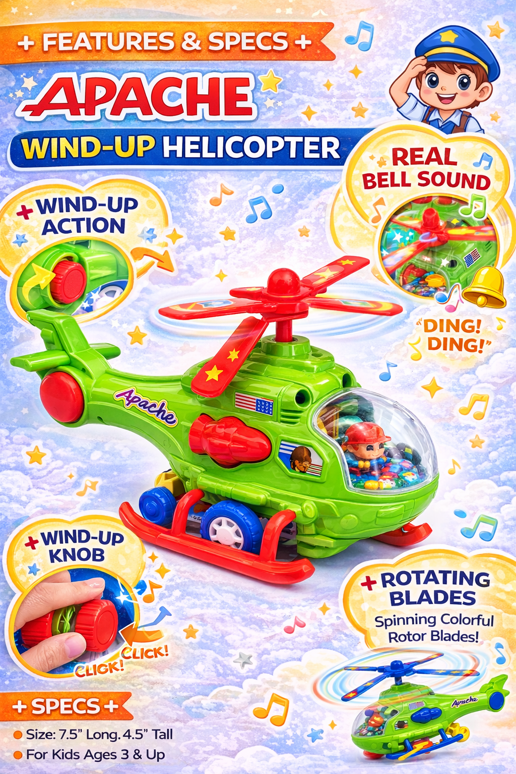 Apache Wind-Up Helicopter Toy for Kids (3+ Years) – Rotating Blades, Bell Sound, Wind-Up Action, No Battery Required Toy Helicopter