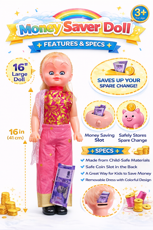 Money Saver Doll for Kids (3+ Years) – 16 Inch Piggy Bank Doll with Coin Slot, Saving Money Toy, Removable Dress, Educational Gift for Girls & Boys