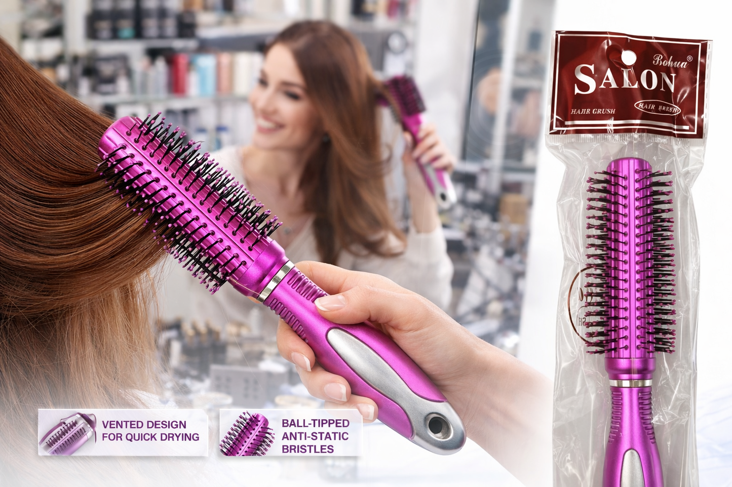 Vented Hair Brush for Blow Drying – Round Styling Brush with Ball-Tipped Anti-Static Bristles – Lightweight Salon Hair Brush with Ergonomic Grip for Fast Drying & Volume Styling