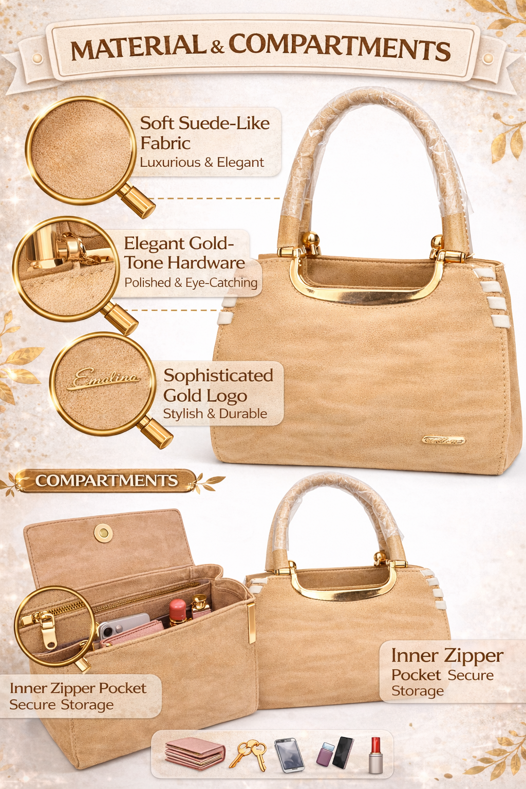 Women’s Suede-Like Handbag, Premium Soft Fabric Satchel with Gold-Tone Hardware, Elegant Tote Bag with Inner Zip Pocket for Office & Daily Use