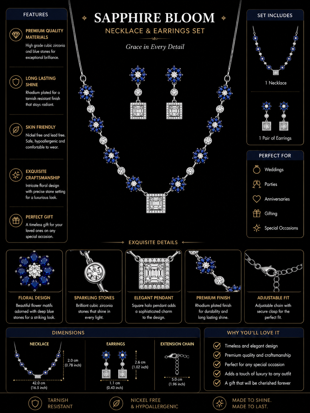 Sapphire Diamond Jewelry Set for Women, V Collar Necklace Earrings Set, Blue Stone Bridal Jewelry, Luxury Wedding Party Jewelry for Girls & Women