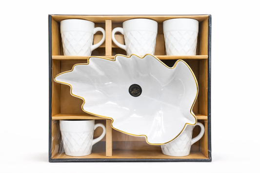 Premium Ceramic Cup Set with Leaf Platter (5 Pieces) | 4 White Diamond Texture Cups (200 ml) + Gold-Rimmed Leaf Serving Dish