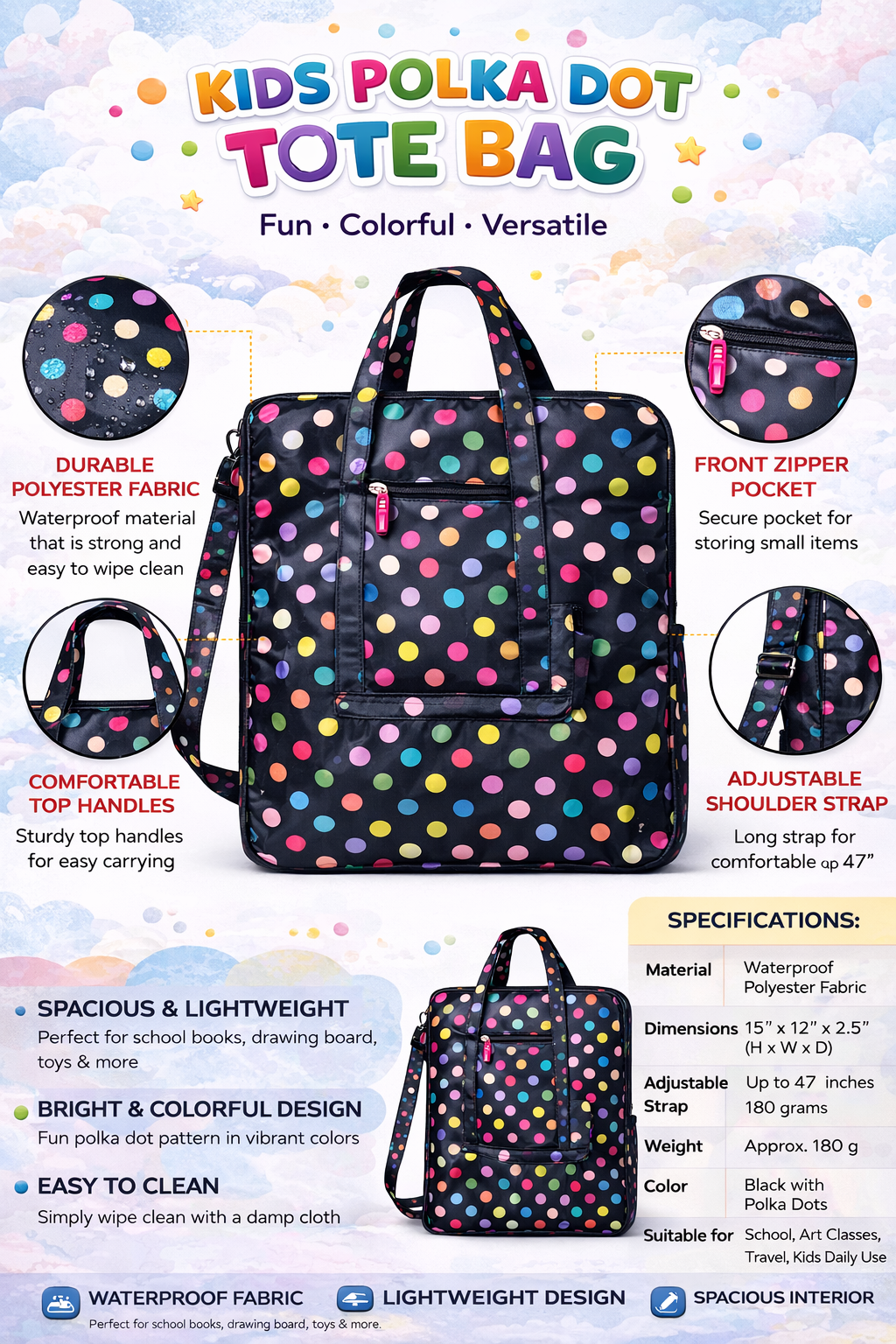 Kids Polka Dot Tote Bag for Girls & Boys, Waterproof Lightweight School Activity Bag with Adjustable Shoulder Strap