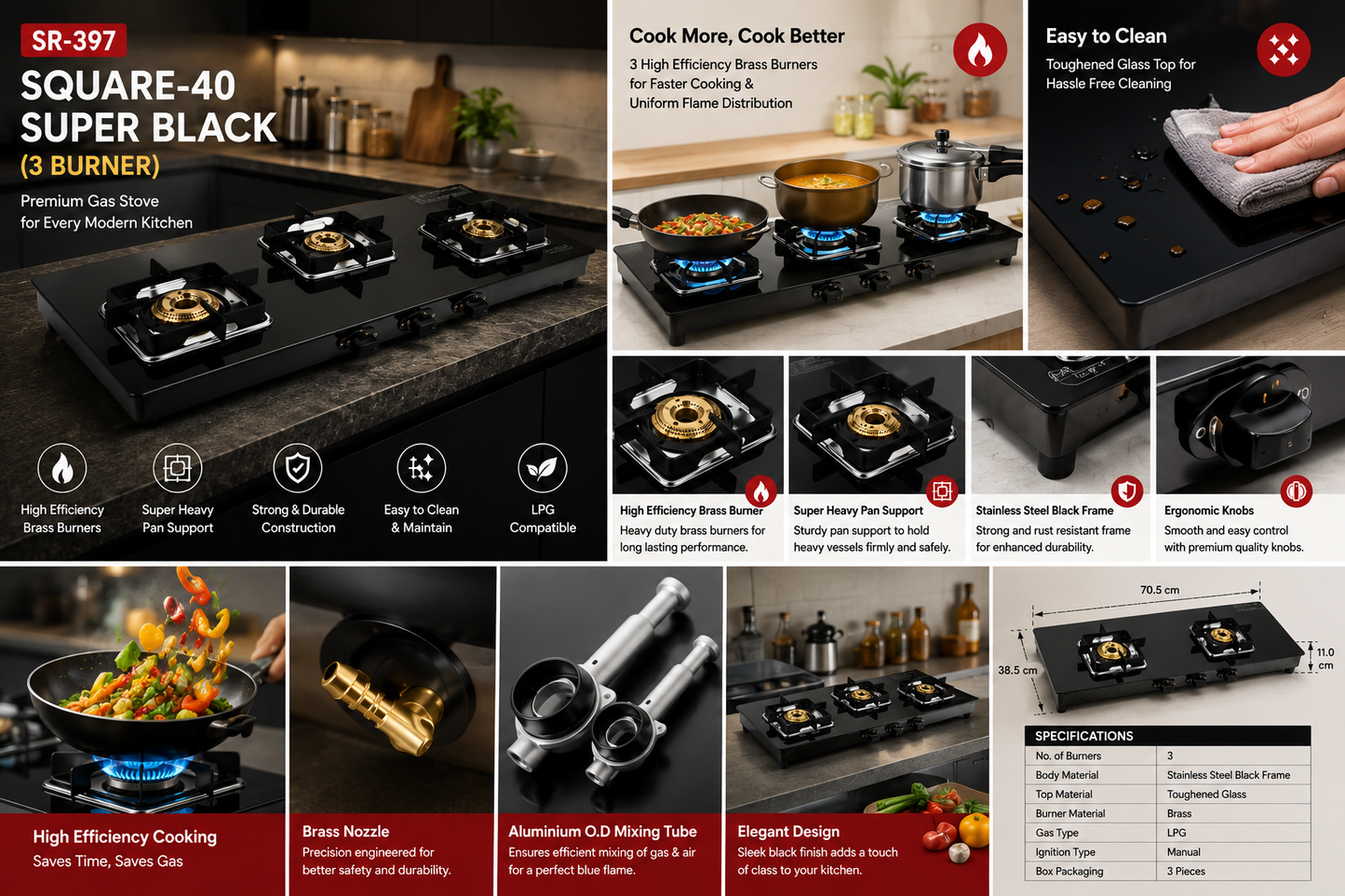SR-397 Square-40 Super Black 3 Burner Gas Stove | Toughened Glass Top | Brass Burners | Stainless Steel Black Frame | Heavy Duty Pan Support | Manual Ignition LPG Gas Stove