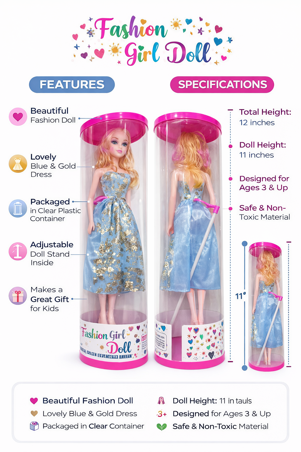 ashion Girl Doll Toy with Dress | Princess Style Doll with Storage Tube