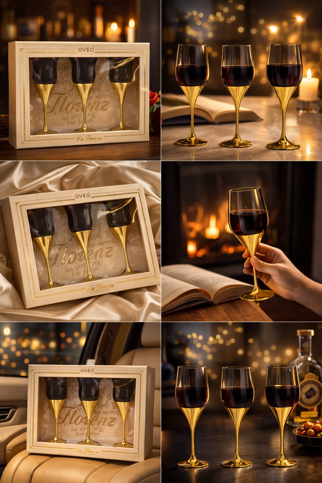 OVEO La Florenz Smoked Glass Goblet Set, 3-Piece Premium Wine Glass Gift Set with Gold-Plated Stems