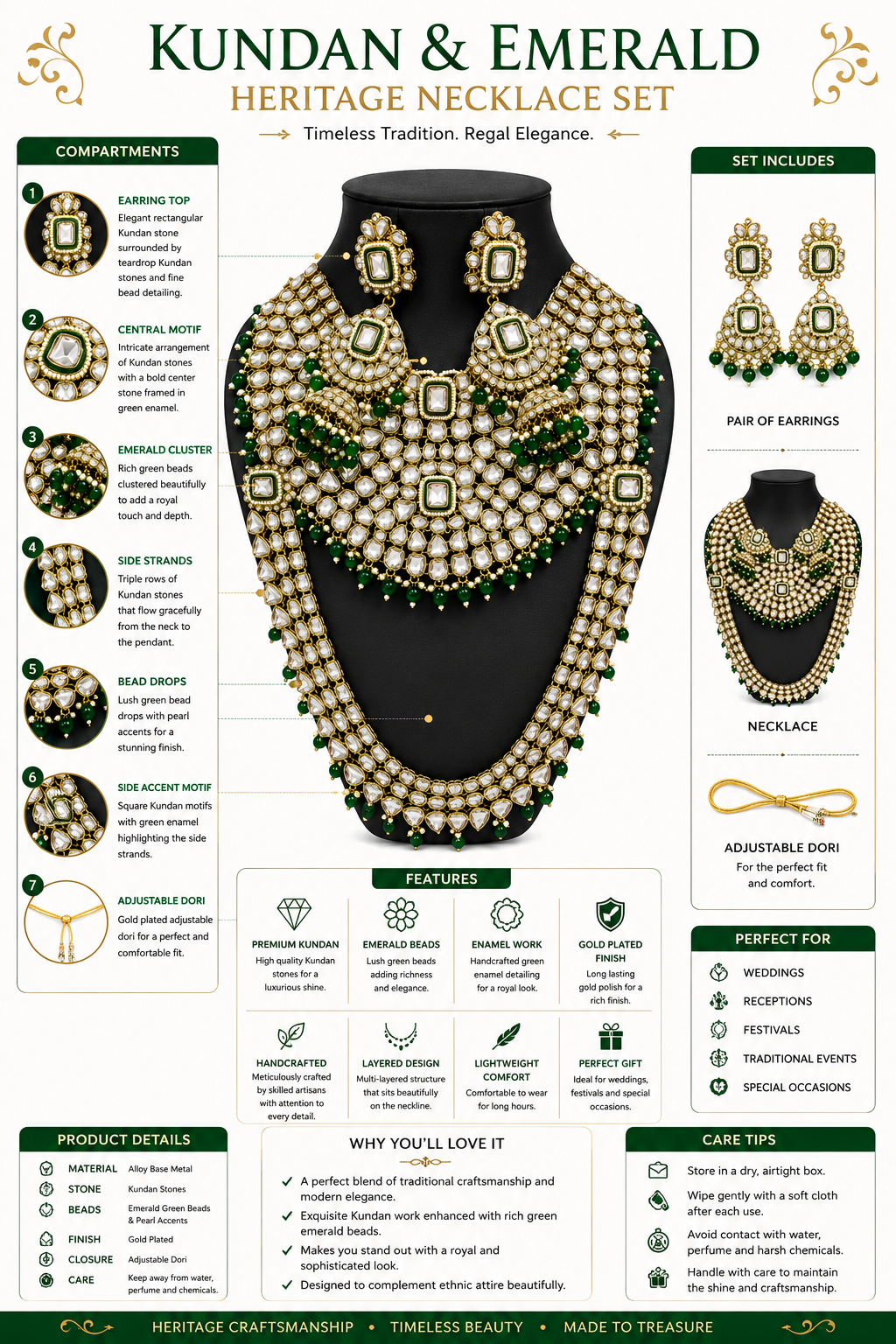Kundan & Emerald Heritage Necklace Set for Women | Bridal Kundan Jewelry with Earrings | Traditional Indian Wedding Necklace Set with Green Beads