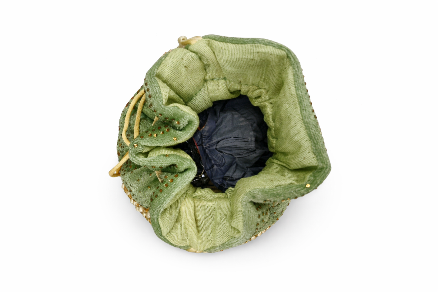 Mint Green Velvet Potli Bag for Women, Embroidered Drawstring Ethnic Clutch Purse with Pearl Tassels and Gold Beadwork