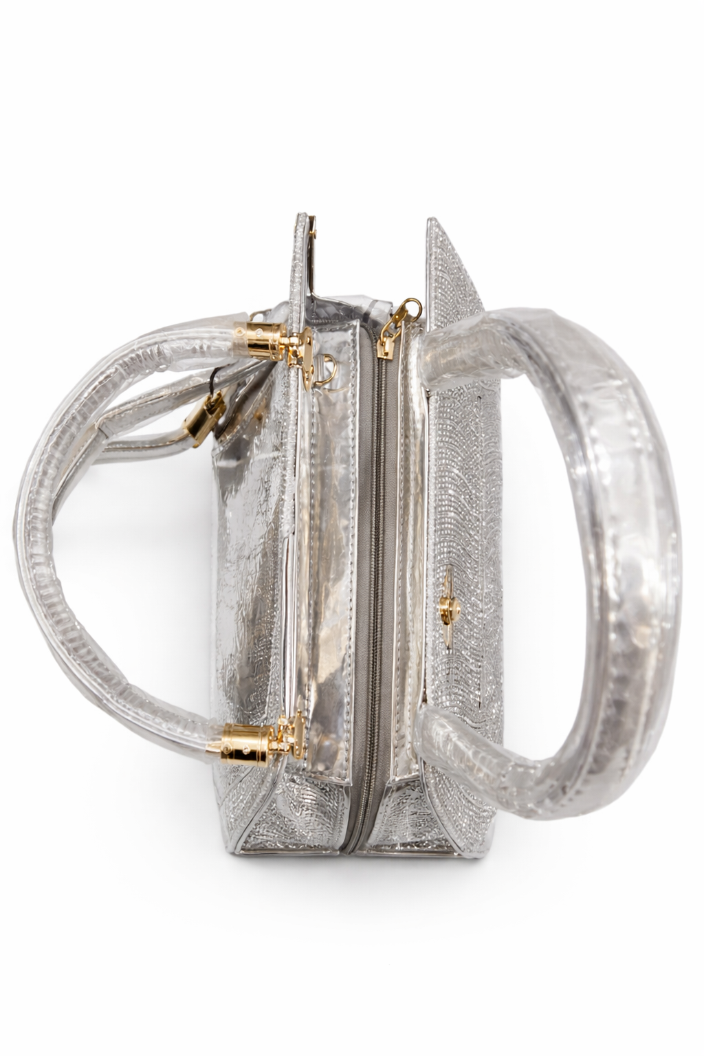 Premium Silver Dual Tone Handbag for Women | Metallic PU Leather Top Handle Purse with Gold Hardware