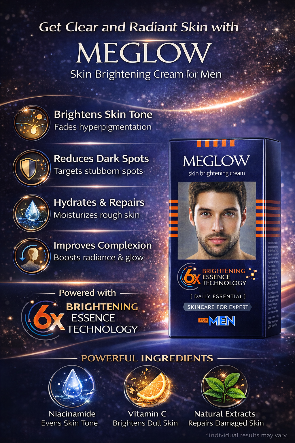 MEGLOW Skin Brightening Cream for Men with Niacinamide, Vitamin C & Natural Extracts | Reduces Dark Spots, Hydrates Skin & Improves Complexion