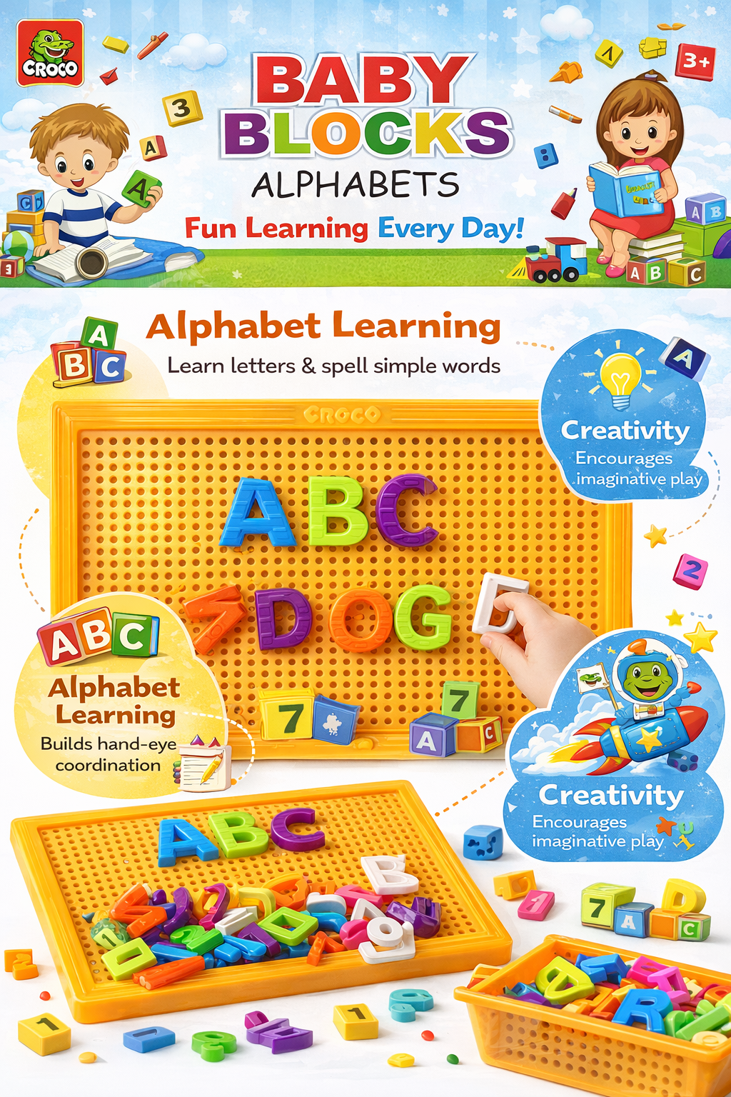 Croco Baby Blocks Alphabets Learning Set for Toddlers | Educational ABC Pegboard Toy with Letters & Numbers