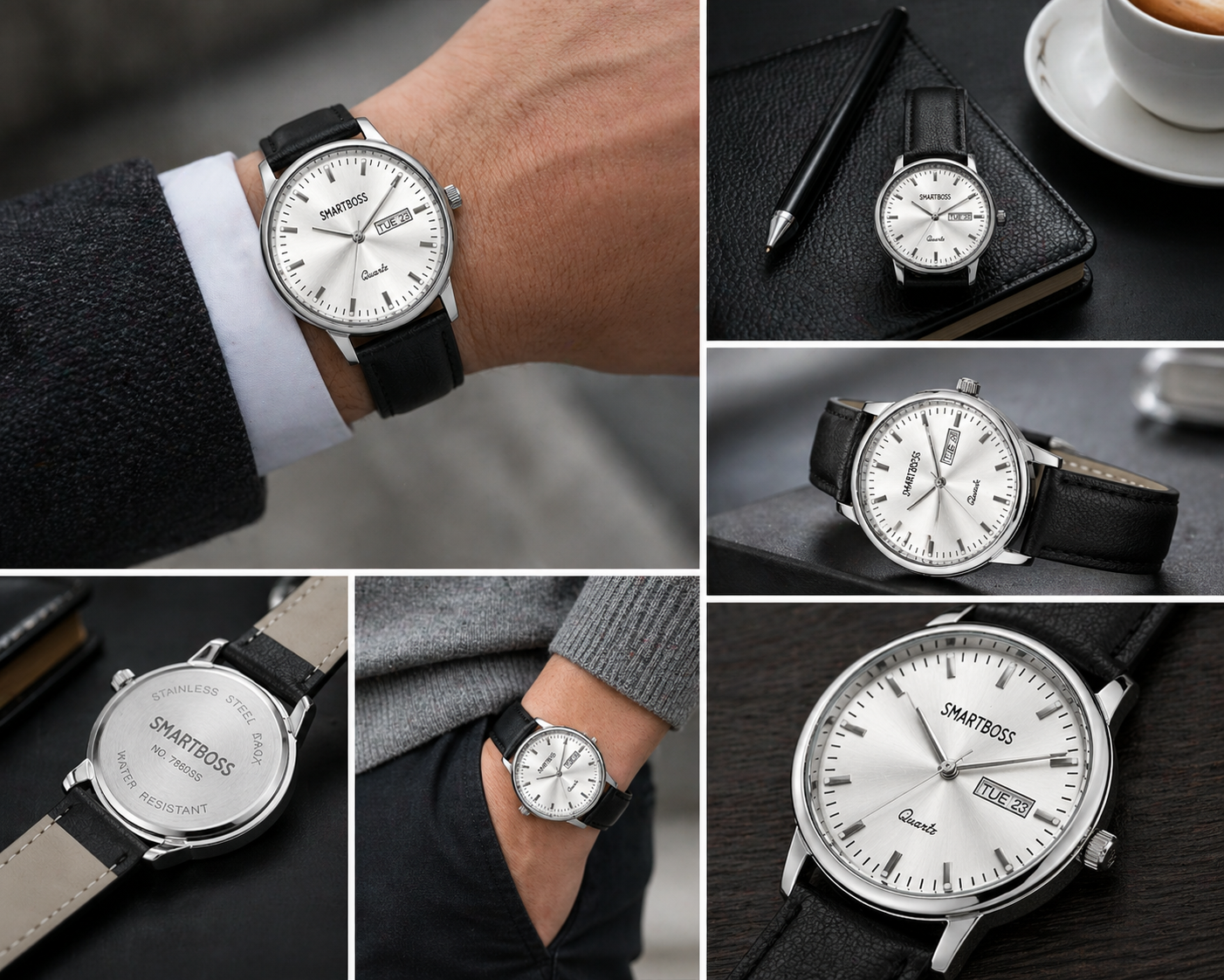 Smartboss Men’s Analog Watch with Day & Date Display | Black Leather Strap | Quartz Movement | Silver Dial Classic Wristwatch | Formal & Casual Wear
