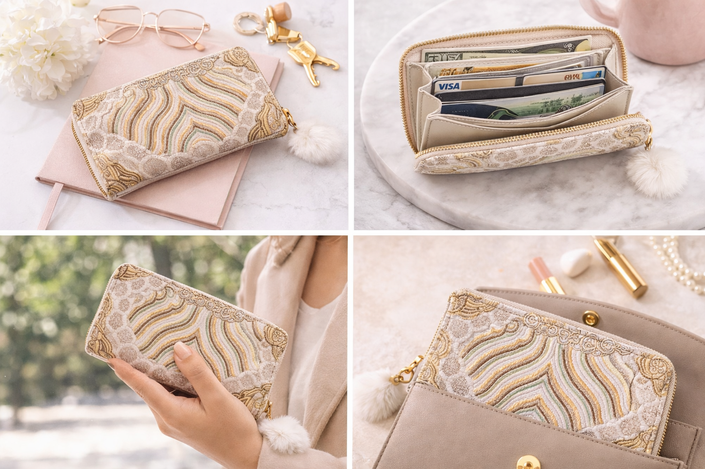 Women's Multicolor Zip Around Wallet, Fabric and Synthetic Leather Clutch Purse with Multiple Compartments