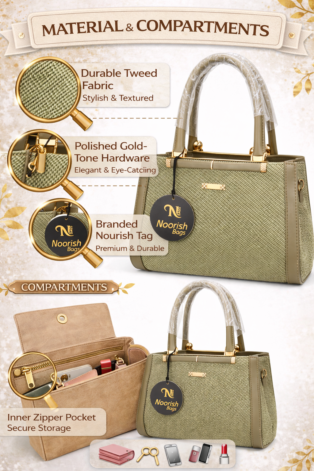 Women’s Tweed Handbag, Premium Textured Fabric Satchel with Gold-Tone Hardware, Elegant Tote Bag with Inner Zip Pocket for Office & Daily Use