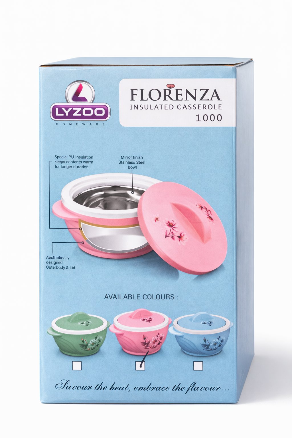 Lyzo Florenza Insulated Casserole 1 Litre, BPA-Free Hot Case with Stainless Steel Inner, PU Insulation, Keeps Food Hot & Fresh, Durable Serving Bowl with Lid & Handle