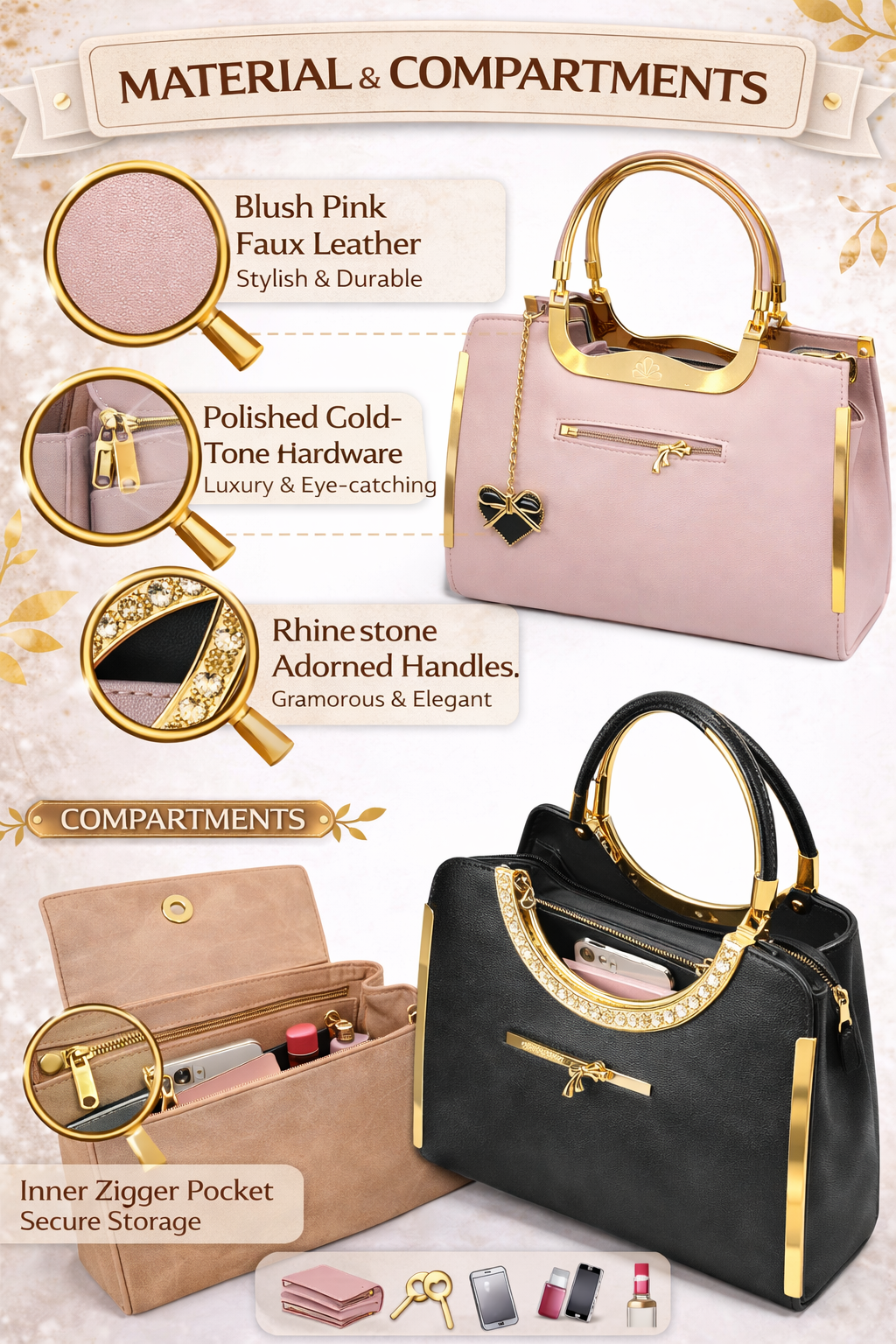 Harmal Store Women’s Blush Pink Faux Leather Handbag with Rhinestone Handle | Luxury Top Handle Purse with Gold-Tone Hardware