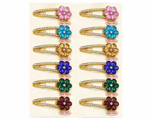 Harmal Store Metro Flower Hair Clips – 12-Piece ( 6 sets ) of Elegant crystal Flower Snap Clips – Gold-Finished Rust-Resistant Metal Hair Accessories for Weddings, Parties, and Daily Wear