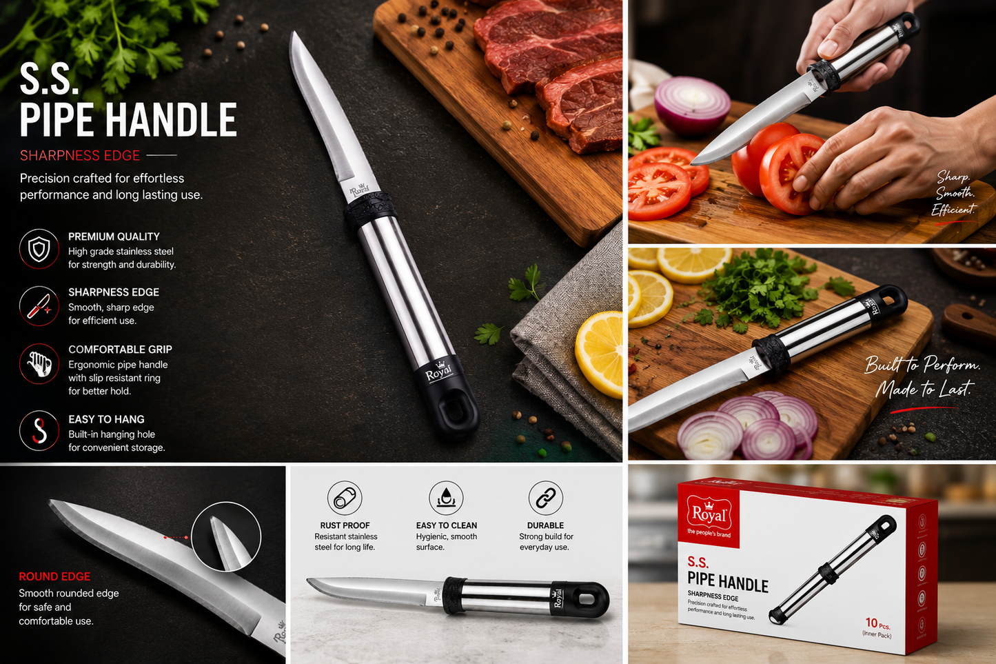 Royal Soft Grip Plain Utility Knife 8 Inch & 9 Inch |  | Multipurpose Knife for Vegetables, Fruits, Meat & Herbstainless Steel Sharp Kitchen Knife | Ergonomic Non-Slip Handle | Utility Knife for Meat, Vegetables, Fruits, Bread & Daily Kitchen Use