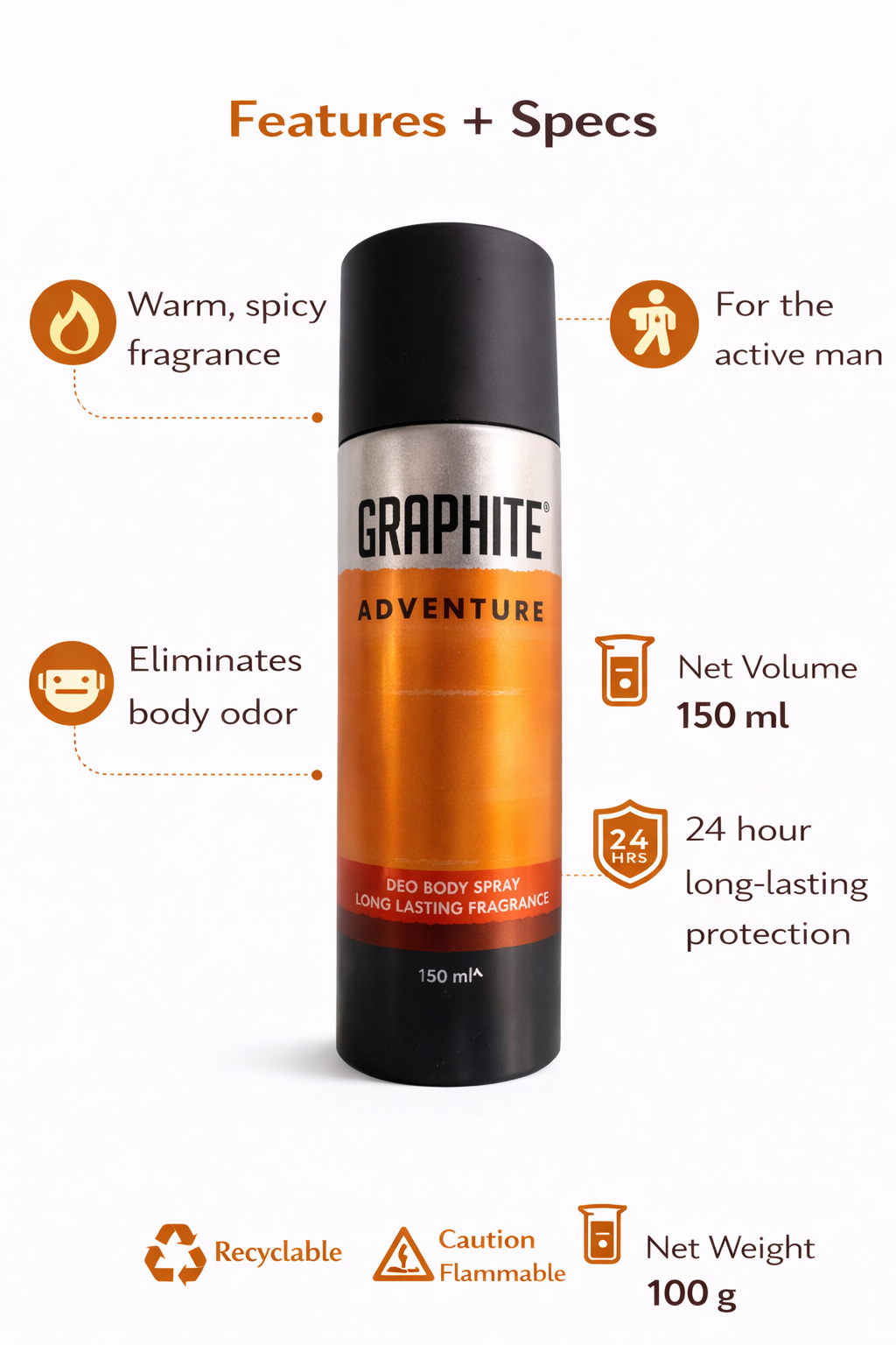Graphite Adventure Deo Body Spray for Men, 150ml | 24-Hour Long-Lasting Protection | Warm & Spicy Masculine Fragrance