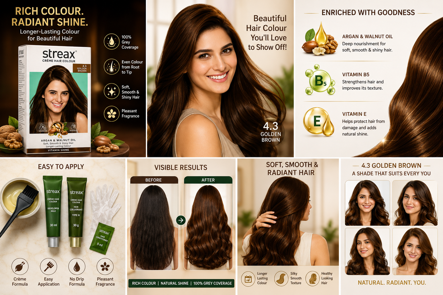 Streax Crème Hair Colour 4.3 Golden Brown | Permanent Hair Color with Argan & Walnut Oil, Vitamin B5 & E | Grey Coverage | Complete Hair Colour Kit