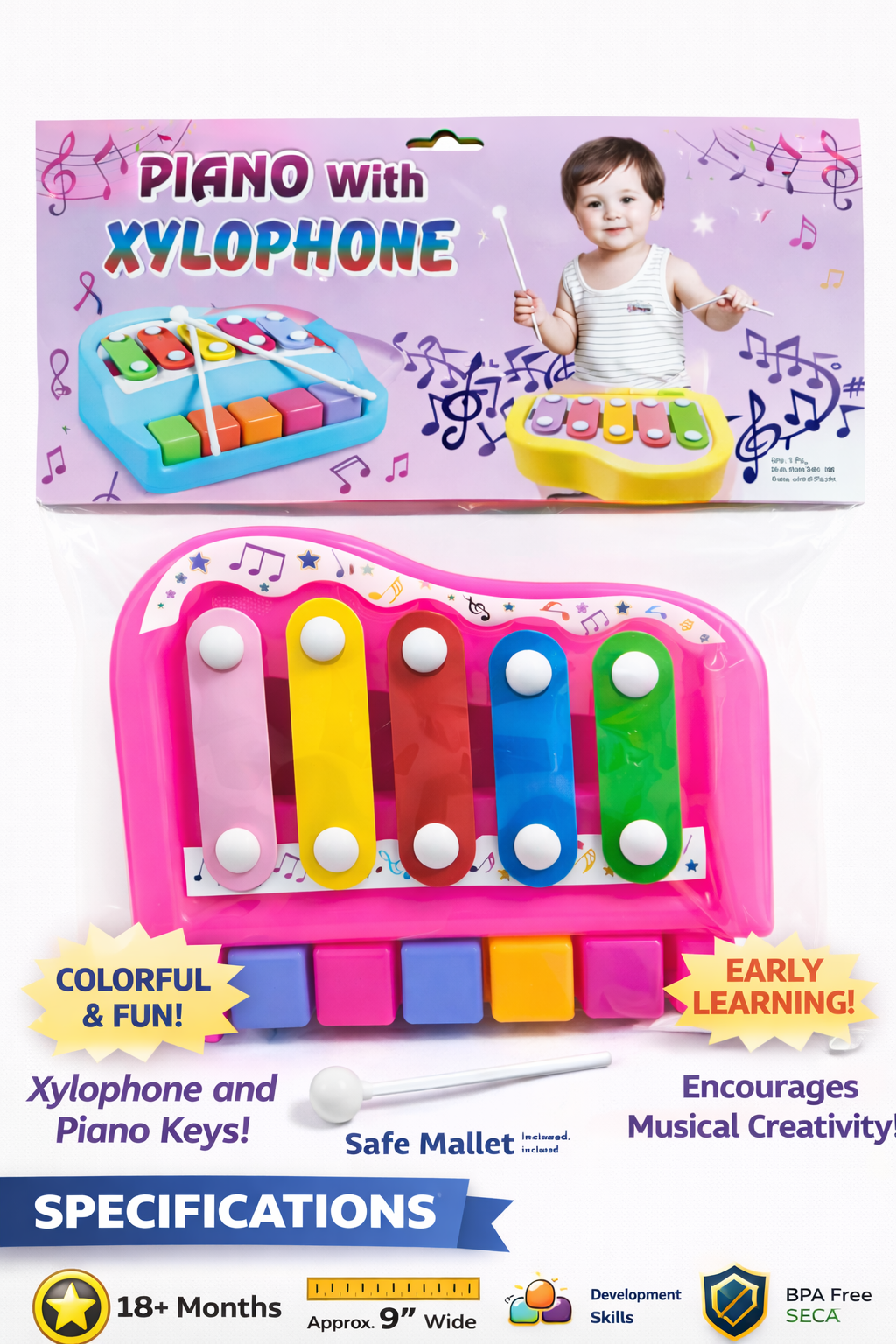 Kids Piano with Xylophone Toy, Musical Instrument Toy with Colorful Keys & Safe Mallet, Early Learning Music Toy for Toddlers (18+ Months), BPA-Free Educational Toy