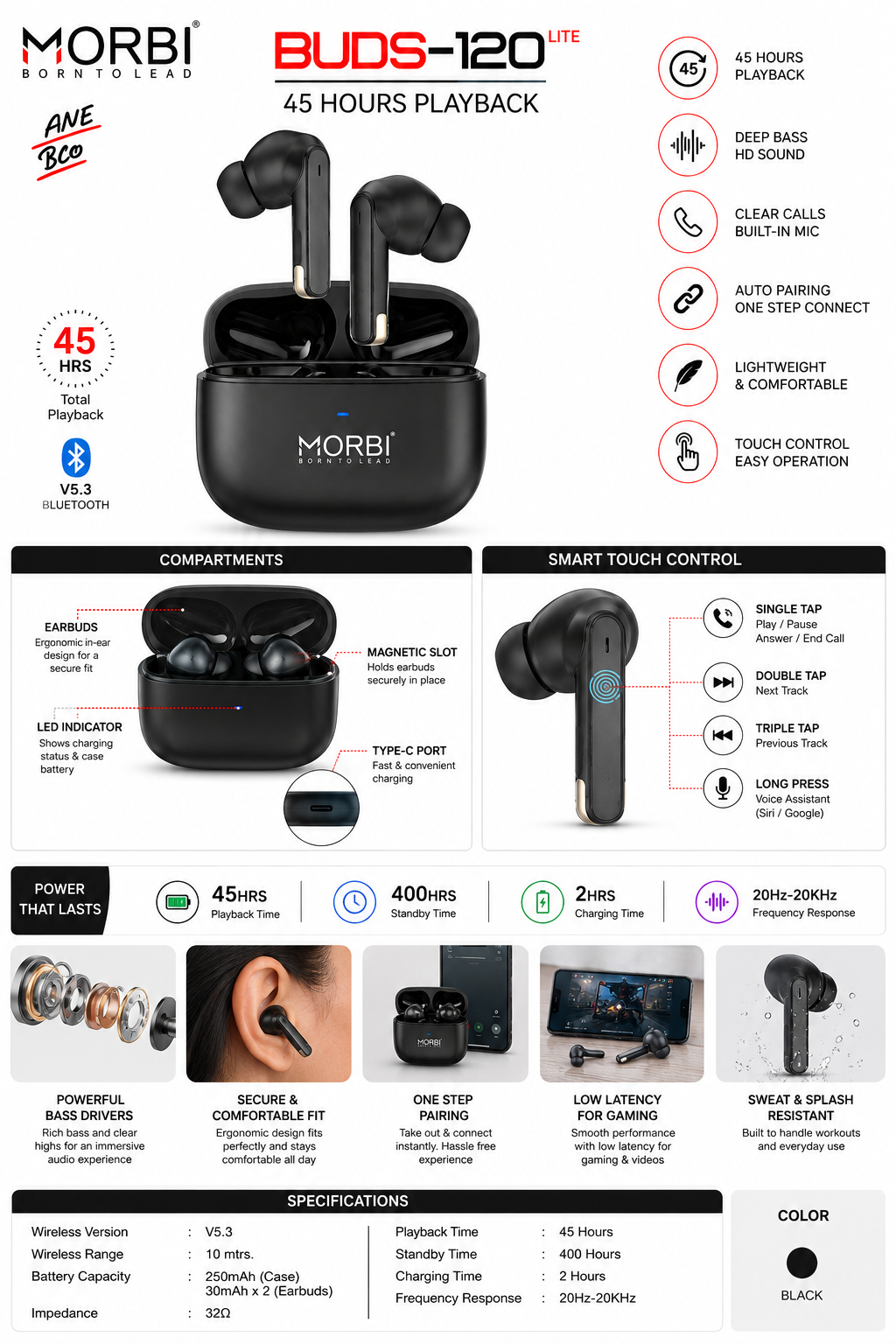 Morbi BUDS-120 LITE True Wireless Earbuds, 45 Hours Playback, Bluetooth 5.3, Deep Bass HD Sound, Clear Calls with Built-in Mic, Touch Control, Auto Pairing, Type-C Charging, Lightweight & Comfortable, Black
