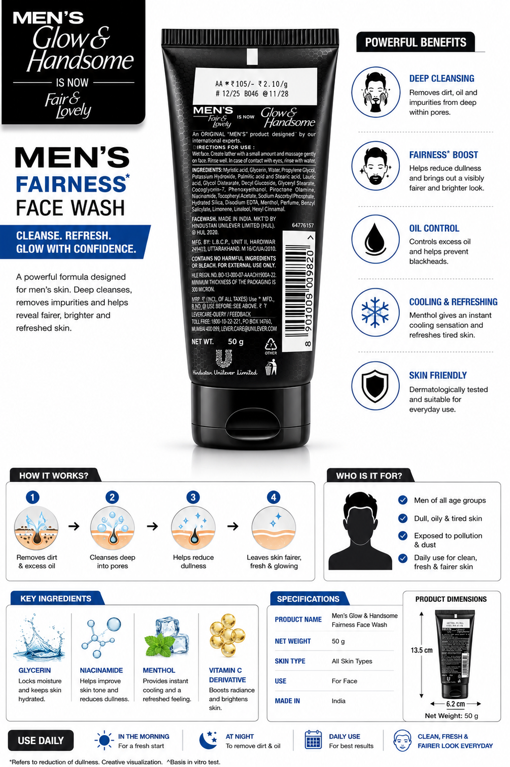 Men's Glow & Handsome Fairness Face Wash, Deep Cleansing & Oil Control Face Wash for Men, Refreshing Menthol Formula with Niacinamide & Glycerin, Daily Facial Cleanser, 50g