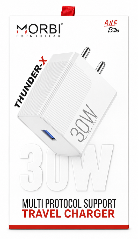 MORBI Thunder-X 30W Fast Travel Charger, USB-A Wall Charger with PD QC VOOC DASH WARP SuperDart & Turbo Charging Support, Intelligent Safety Protection, Compact Portable Charger Adapter for Smartphone, Tablet, Earbuds, Smartwatch & Power Bank