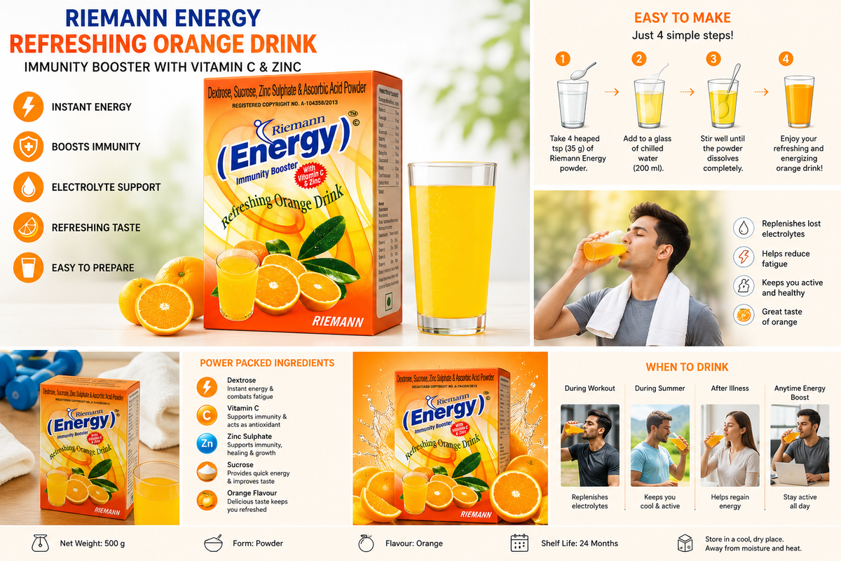 Riemann Energy Refreshing Orange Drink Powder 500g | With Vitamin C & Zinc | Dextrose & Sucrose | Orange Flavour Energy Drink Mix | Easy to Prepare