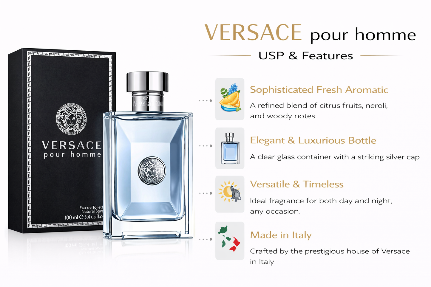 Versace Pour Homme Eau De Toilette for Men 100ml – Fresh Citrus Aromatic Fragrance | Long Lasting Premium Designer Perfume | Day & Night Wear