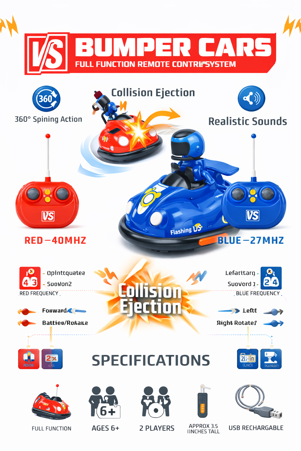 Remote Control Bumper Cars for Kids, 2 Player RC Battle Cars with Collision Ejection, 360° Spinning Action, Realistic Sounds, USB Rechargeable, Ages 6+