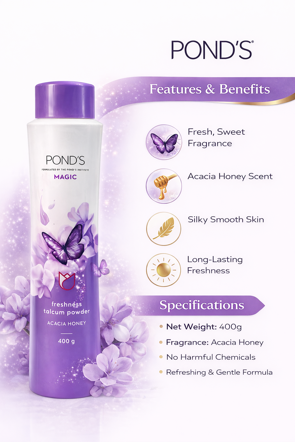 POND’S Magic Acacia Honey Freshness Talcum Powder 400g | Long Lasting Sweet Fragrance | Soft Smooth Skin | Gentle Daily Body Powder for Women