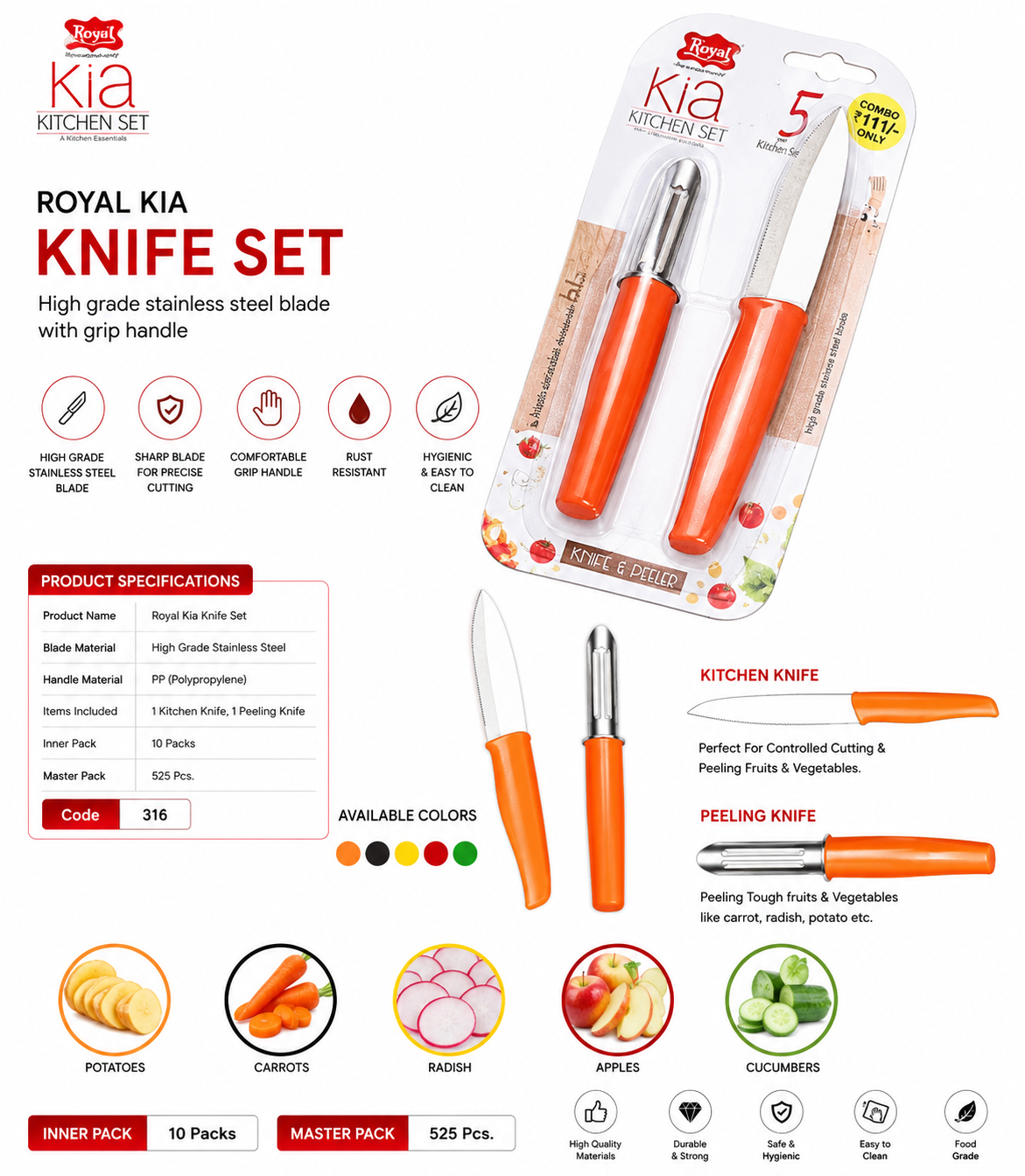 Royal Kia Knife Set with Peeler, 2 Piece Kitchen Knife & Vegetable Peeler Set, High Grade Stainless Steel Blade, Ergonomic Grip Handle, Rust Resistant, Multipurpose Fruit & Vegetable Cutter, Orange