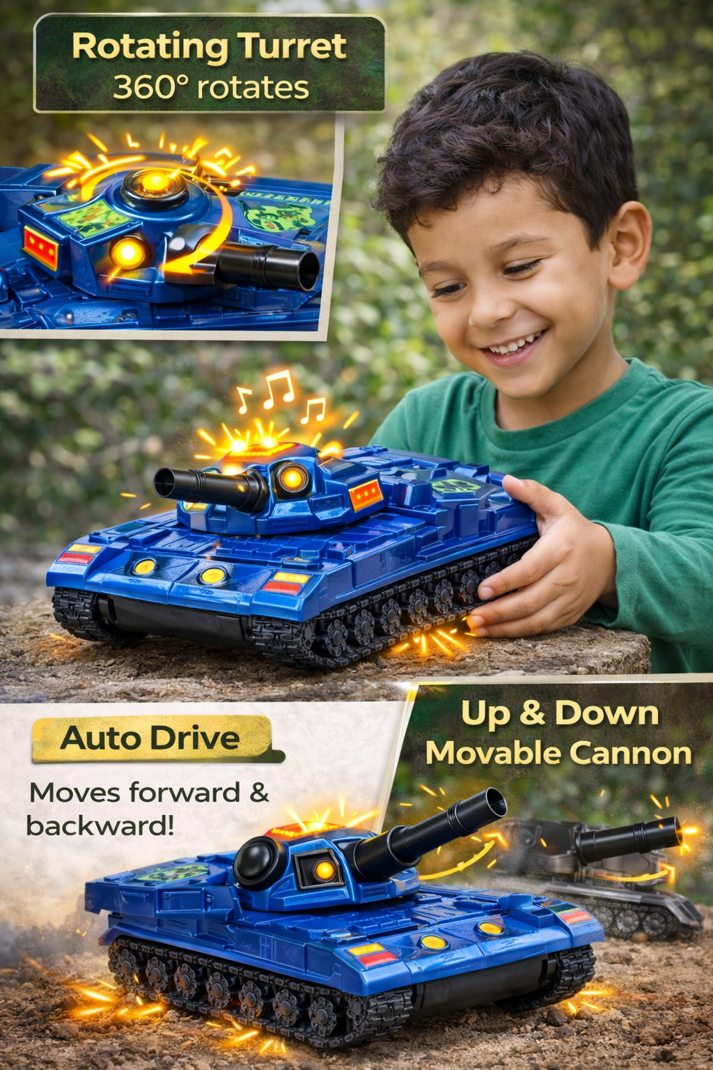 Toy Army Tank for Boys 3+ – 1:24 Scale Battery Operated Military Vehicle with 360° Rotating Turret,