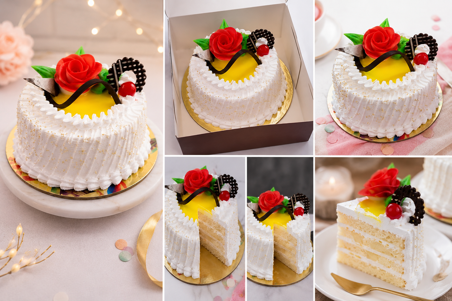 Premium Pineapple Fresh Cream Cake (500 grams) | Designer Pineapple Cake with Rose Decoration | Birthday Cake | Anniversary Cake | Celebration Cake | Eggless Cake Option