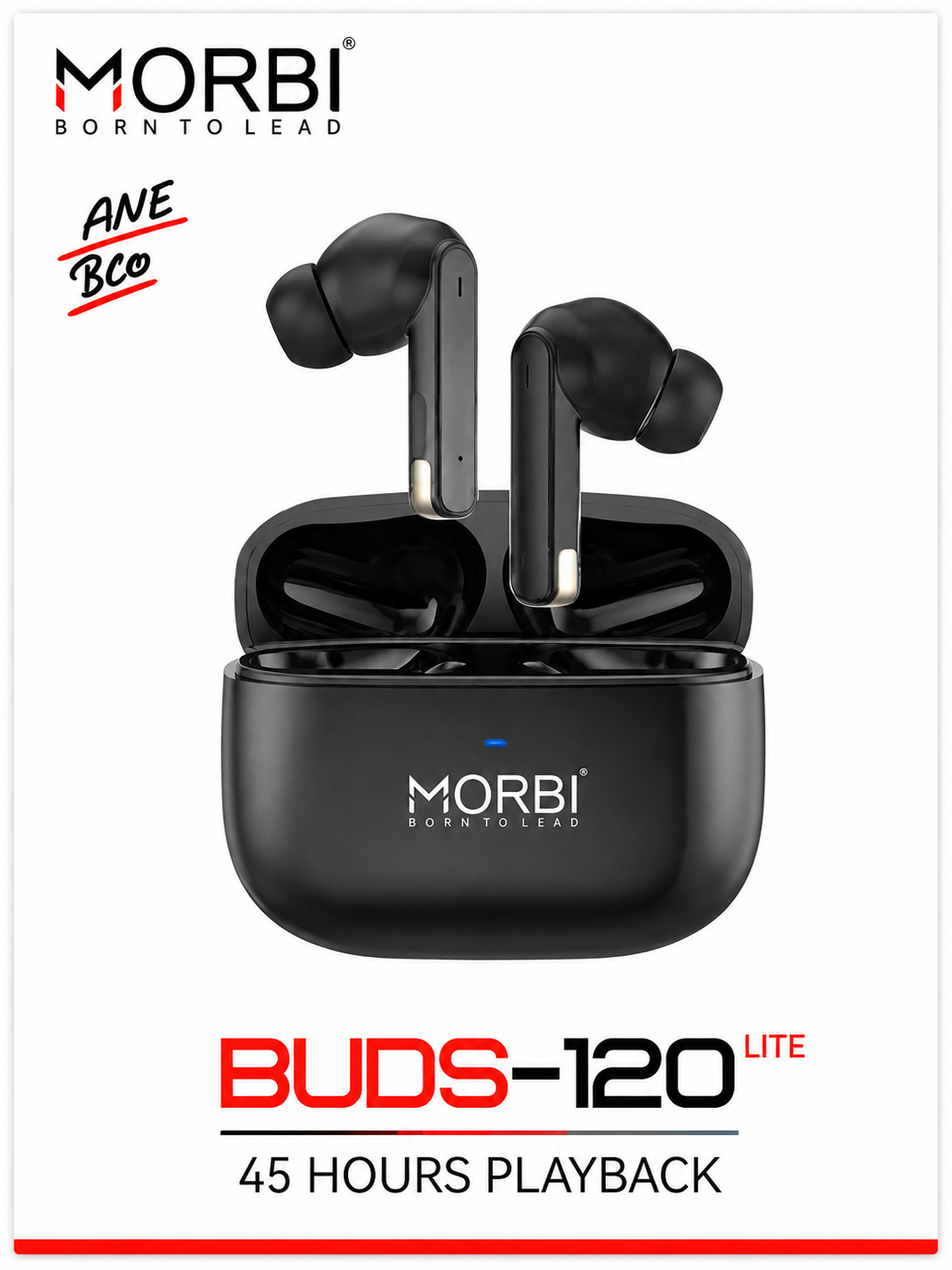 Morbi BUDS-120 LITE True Wireless Earbuds, 45 Hours Playback, Bluetooth 5.3, Deep Bass HD Sound, Clear Calls with Built-in Mic, Touch Control, Auto Pairing, Type-C Charging, Lightweight & Comfortable, Black