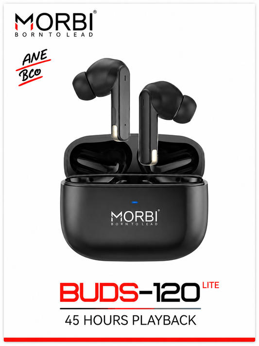 Morbi BUDS-120 LITE True Wireless Earbuds, 45 Hours Playback, Bluetooth 5.3, Deep Bass HD Sound, Clear Calls with Built-in Mic, Touch Control, Auto Pairing, Type-C Charging, Lightweight & Comfortable, Black