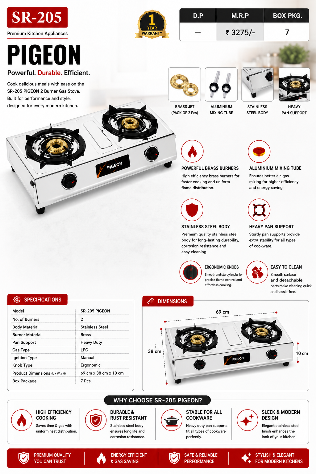 SR-210 Butterfly 2 Burner Gas Stove | Stainless Steel Body | Brass Burners | Heavy Duty Pan Support | Manual Ignition LPG Gas Stove | Silver