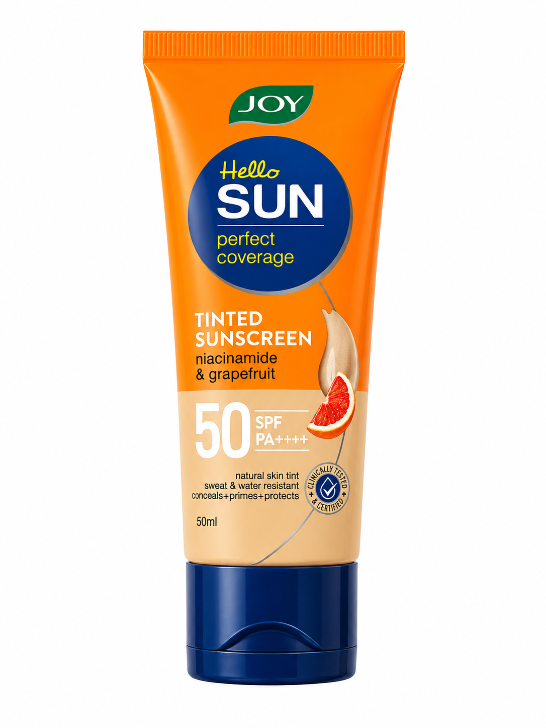 Joy Hello Sun Perfect Coverage Tinted Sunscreen SPF 50 PA++++ with Niacinamide & Grapefruit | Broad Spectrum UVA UVB Protection | Natural Skin Tint | Sweat & Water Resistant | Lightweight Non-Greasy Formula | 50 ml