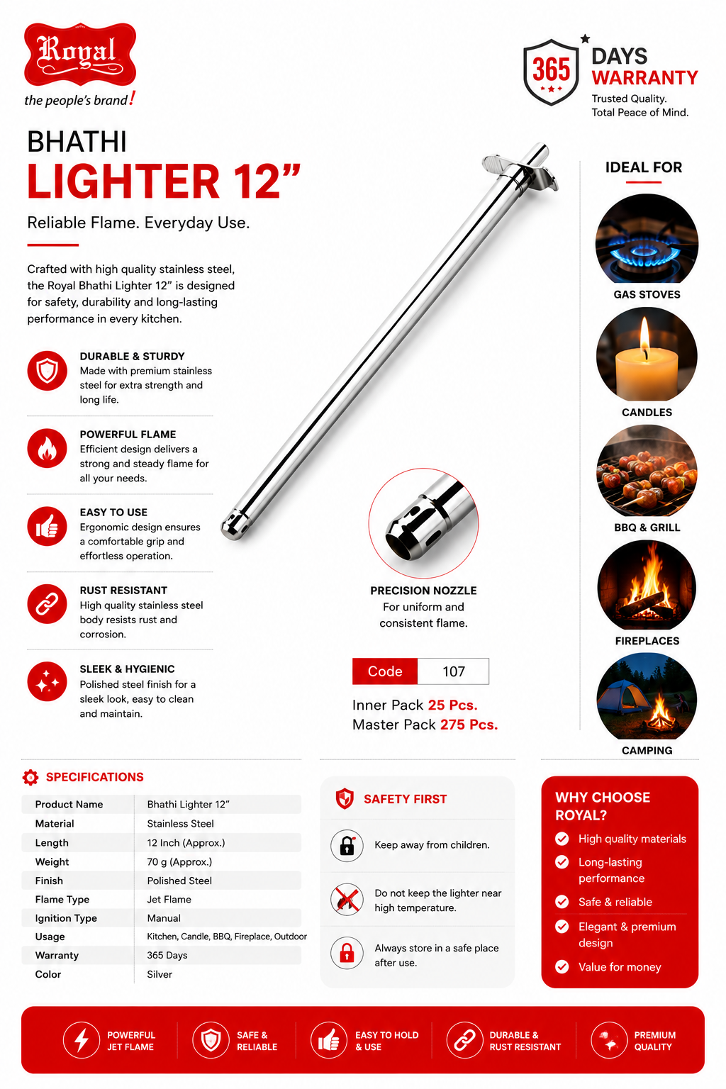 Royal Bhathi Gas Lighter 12 Inch, Stainless Steel Kitchen Gas Lighter with Jet Flame, Manual Long Handle Stove Lighter for Gas Stove, Candle, BBQ, Fireplace & Camping, Silver