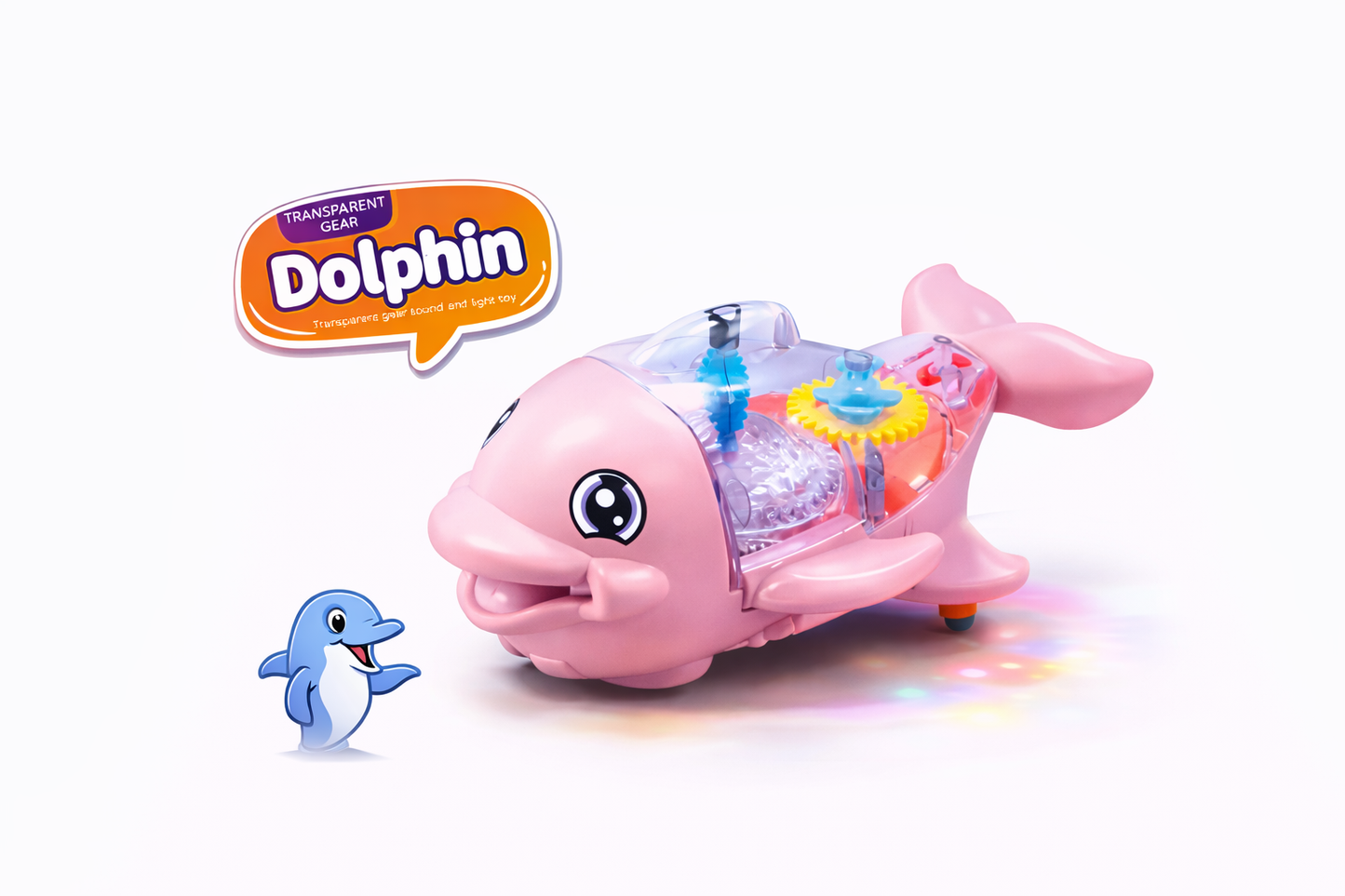 Transparent Gear Dolphin Toy with Music and Lights, Whale Sound Toy for Kids, Moving Gears, Light-Up Wheels, All Direction Gliding, Battery Operated, 5.5 Inch Toy
