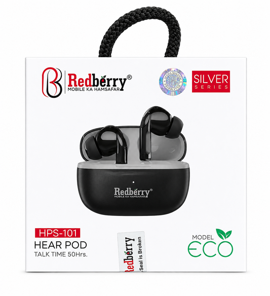 Redberry HPS-101 Hear Pod True Wireless Earbuds, Bluetooth 5.3, Up to 50 Hours Talk Time, Deep Bass Sound, ENC, Clear Calling, Touch Control, Type-C Charging, Auto Pairing, Lightweight Ergonomic Design, Black