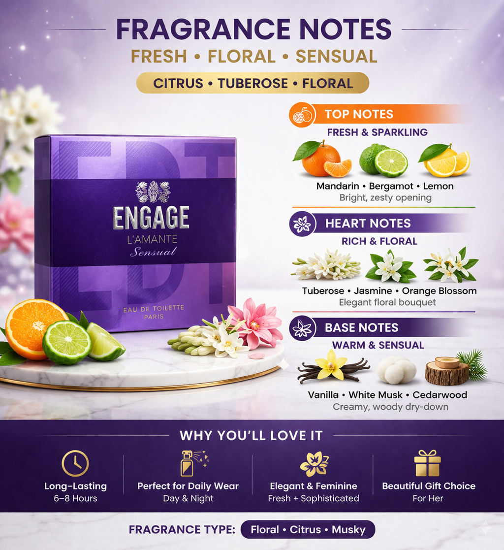 Engage L’Amante Sensual Eau De Toilette for Women | Floral Citrus Musky Perfume | Long Lasting Daily Wear Fragrance