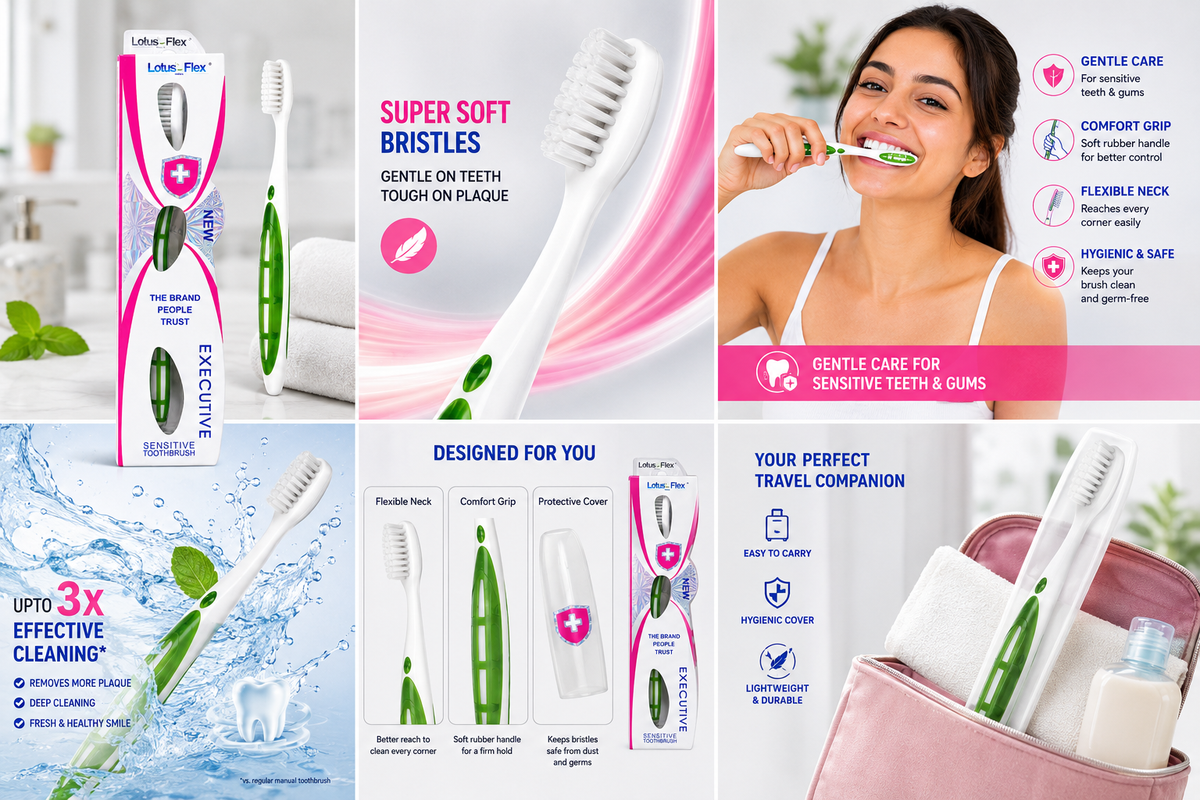 Lotus Flex Sensitive Toothbrush, Super Soft Bristles for Sensitive Teeth & Gums, Flexible Neck, Comfortable Soft Grip Handle, Gentle Daily Oral Care Toothbrush