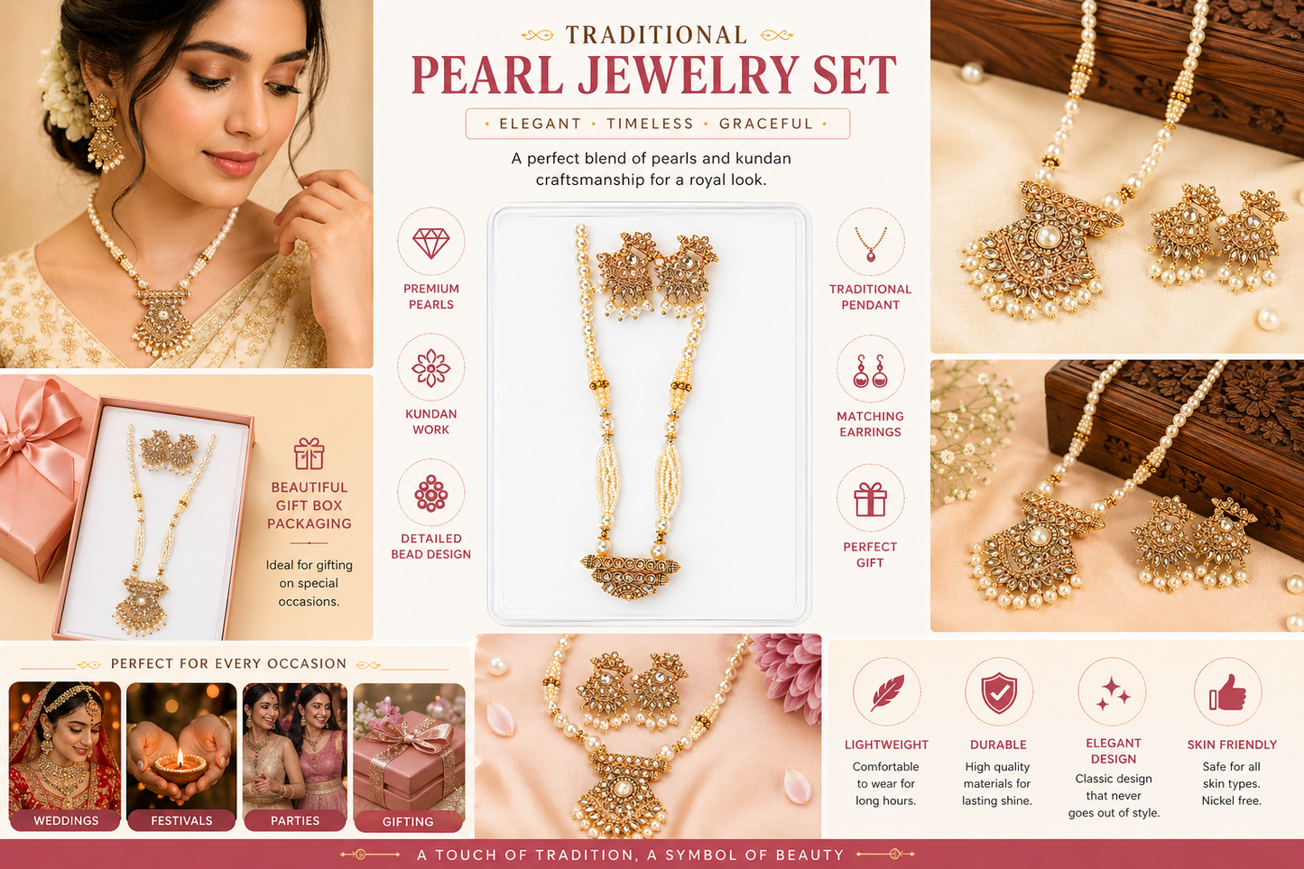 Harmal Store Traditional Pearl Jewelry Set – Elegant Kundan Work Necklace with Pendant and Matching Earrings for Weddings and Festivals