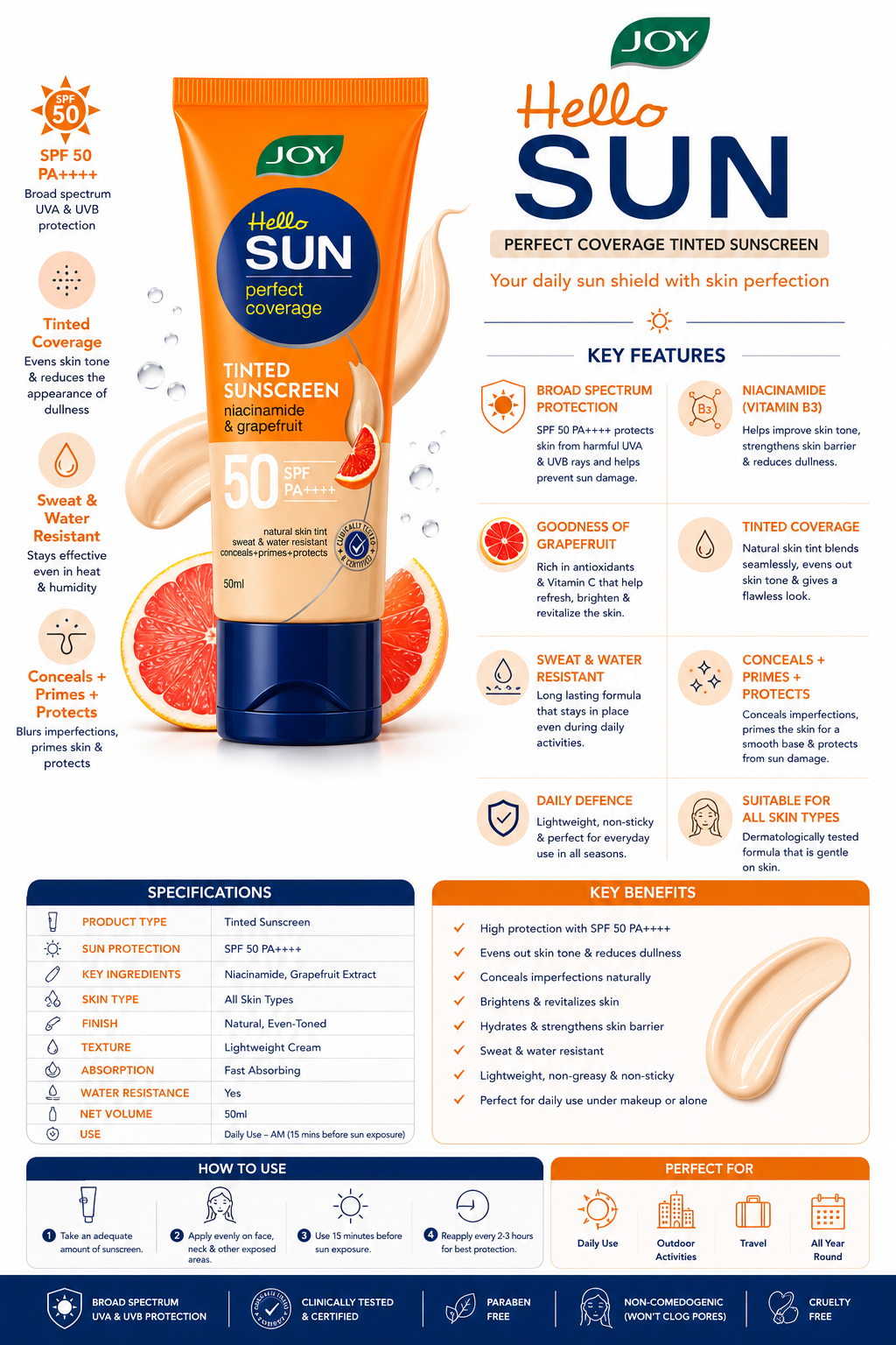 Joy Hello Sun Perfect Coverage Tinted Sunscreen SPF 50 PA++++ with Niacinamide & Grapefruit | Broad Spectrum UVA UVB Protection | Natural Skin Tint | Sweat & Water Resistant | Lightweight Non-Greasy Formula | 50 ml